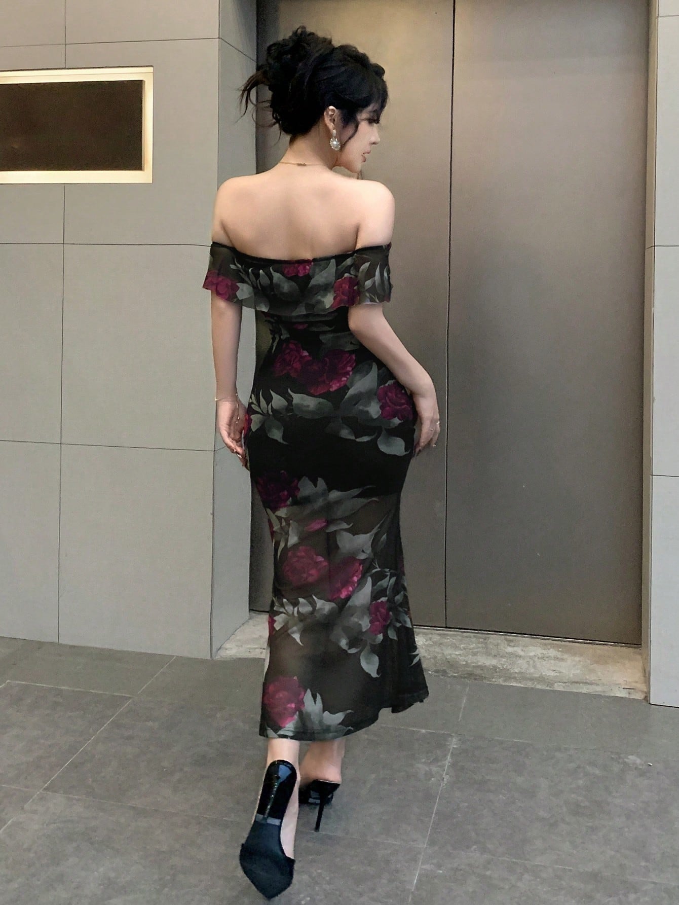 Off Shoulder Floral Printed Stretchy Mesh Bodycon Dress, French Elegant Style Elegant,Ruffle