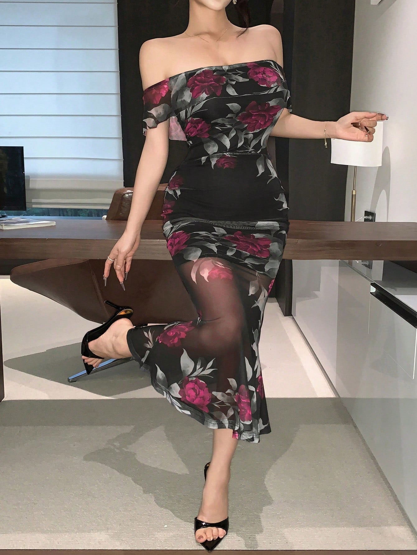 Off Shoulder Floral Printed Stretchy Mesh Bodycon Dress, French Elegant Style Elegant,Ruffle