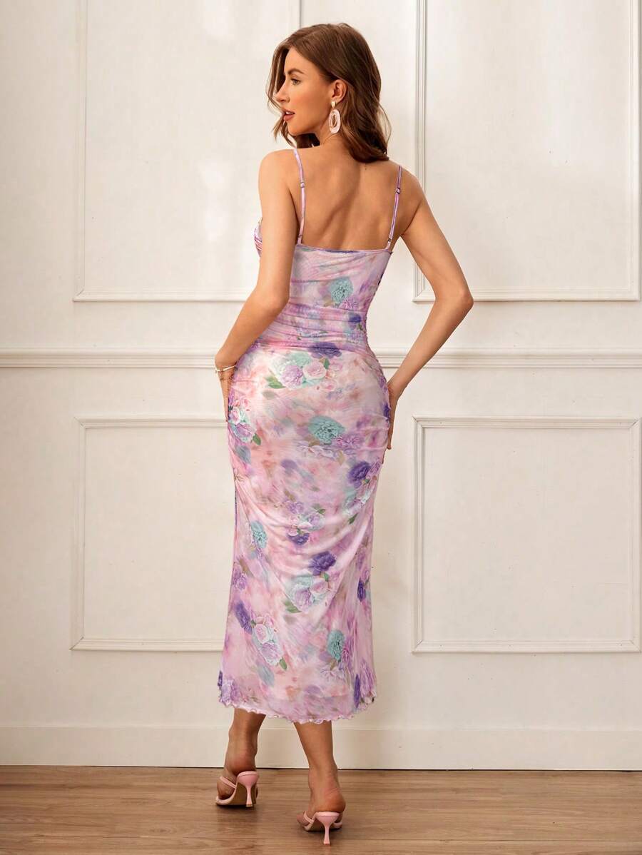 VCAY Woven Romantic Floral Print Cami Dress For Women, Mid-Length,Summer Dresses
