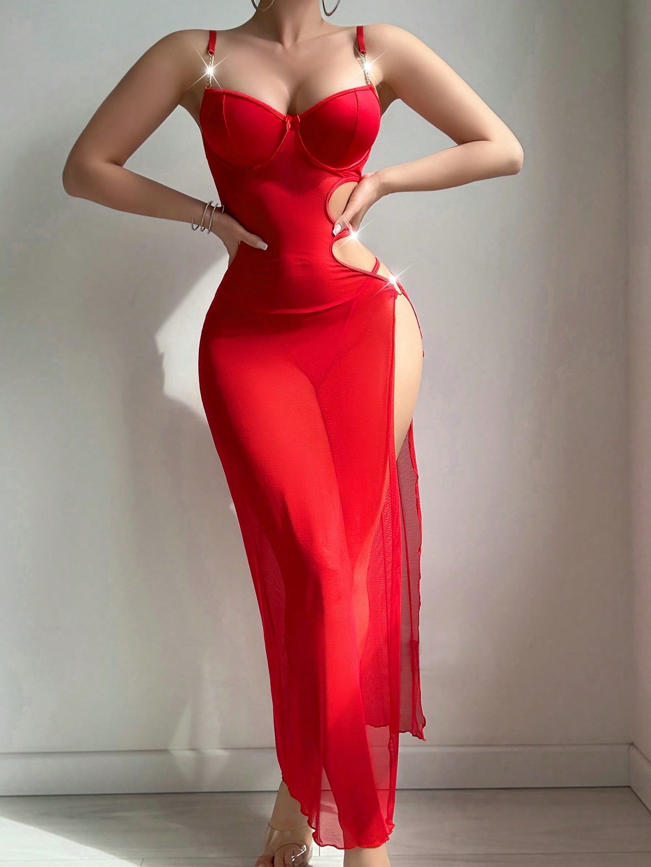 2pcs/Set Sexy Mesh Hollow-Out Asymmetrical Long Dress + G-String'