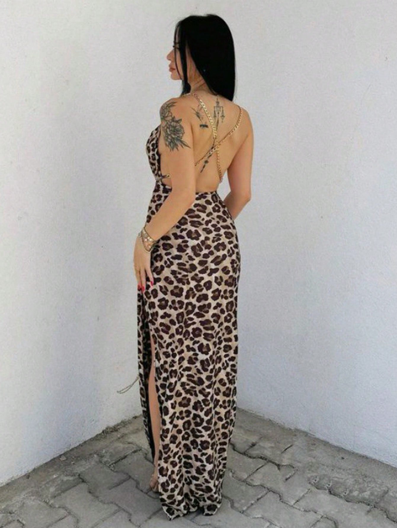 Backless Chain Decoration Floral Print Bodycon Mini Dress تايجر طويل سلاسل من الظهر