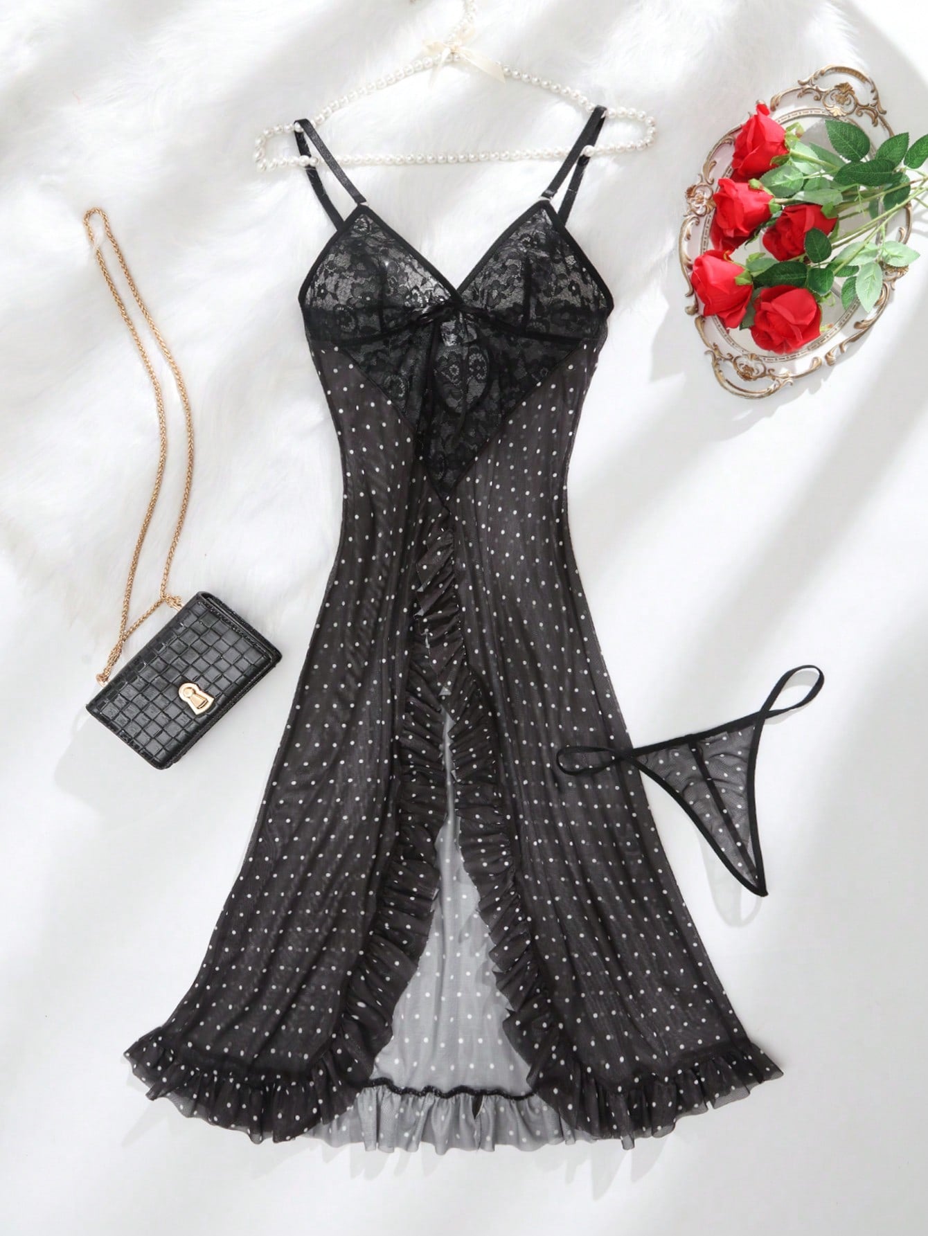 Seduluxe 2pcs Women Floral Print Mesh Contrast Lace Wireless Lingerie Set