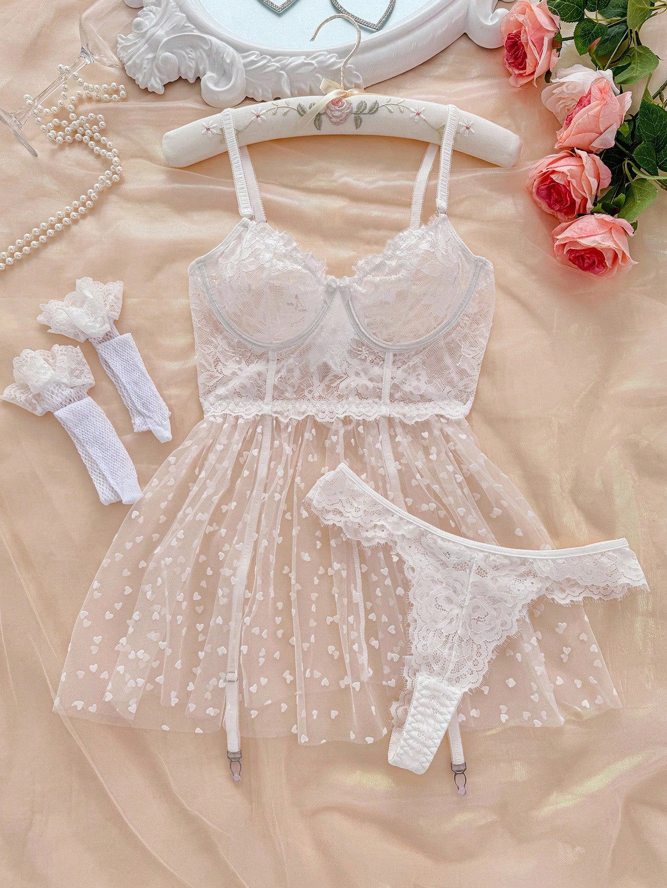 2packs Floral Lace Underwire Garter Sexy Lingerie Dress With 1pair Stocking Bridallingerie