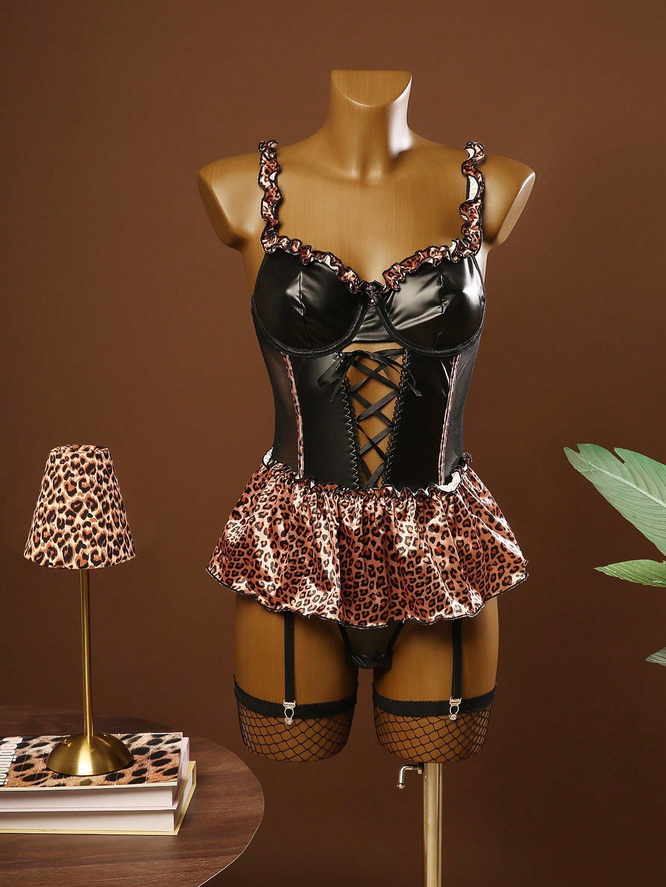 4pcs Set Leopard Print Mesh Patchwork Ruffle Trim Plunge Neck Tie Up Sexy Bodysuit For Women