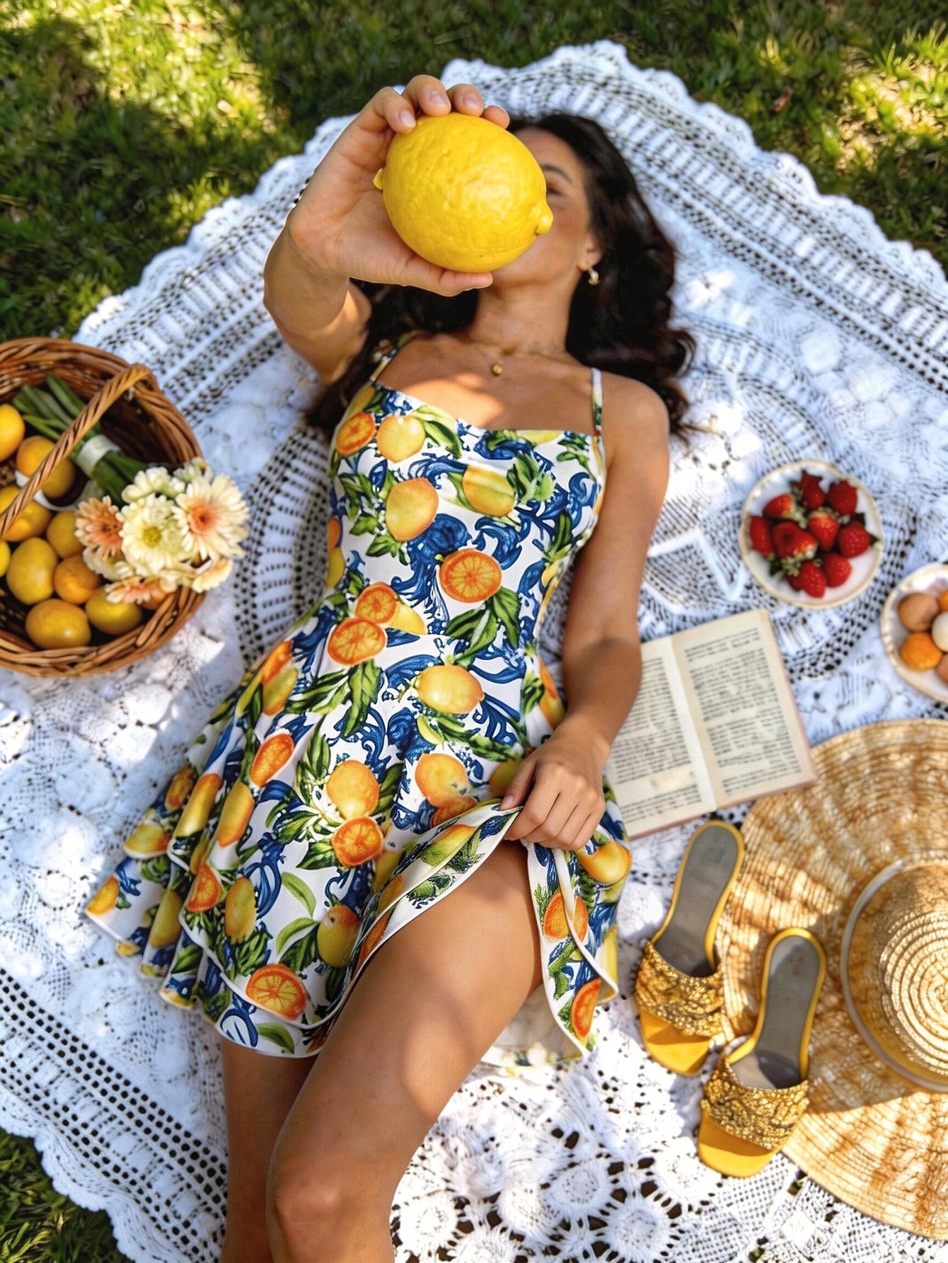 Charm Strapless Romantic Backless Lemon Floral Decor Sexy Layered Cake Style Beach Vacation Casual Elegant Ladies Summer Dress