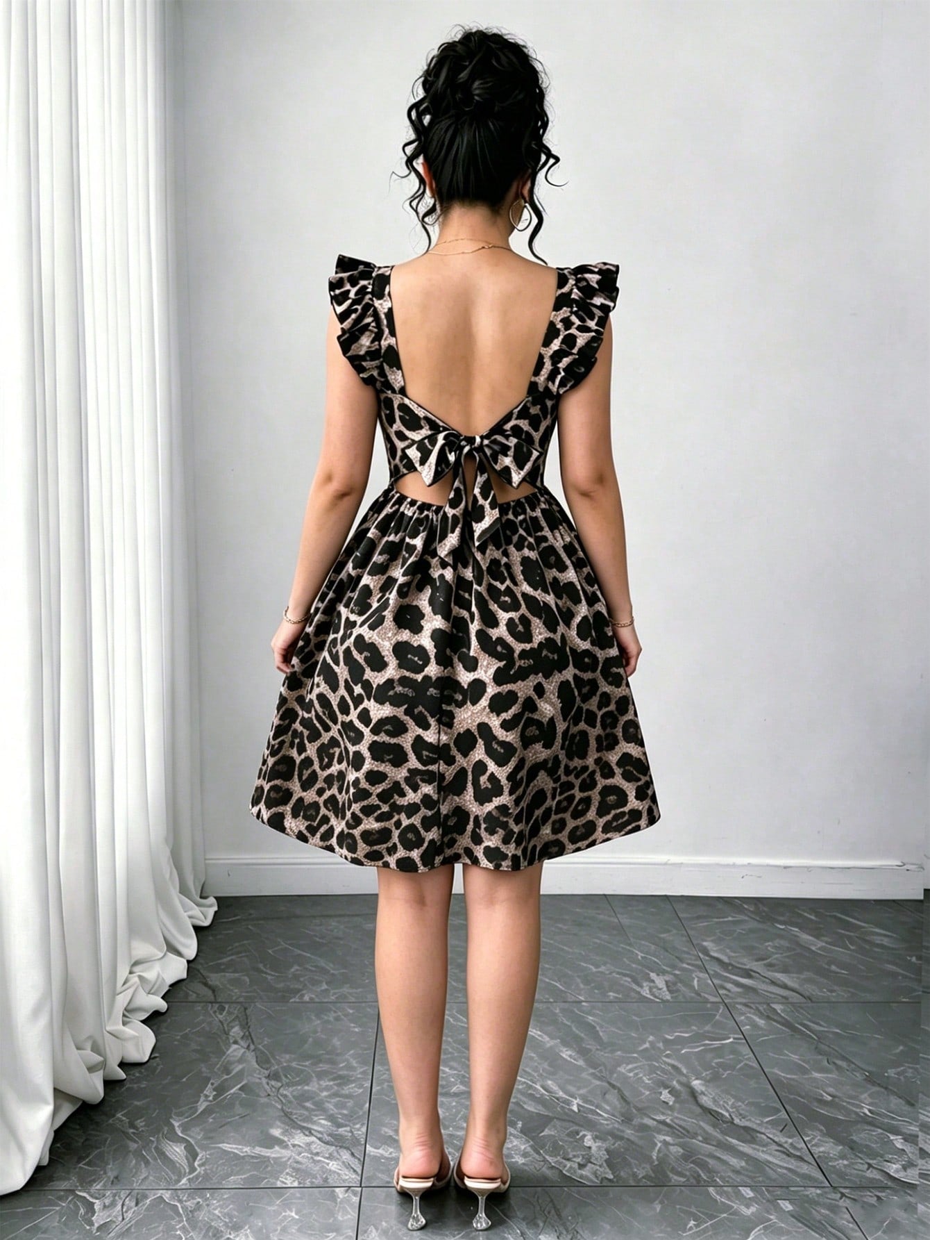 Elegant Square Neck Sleeveless Bow Tie Waist Backless Leopard Print Dress