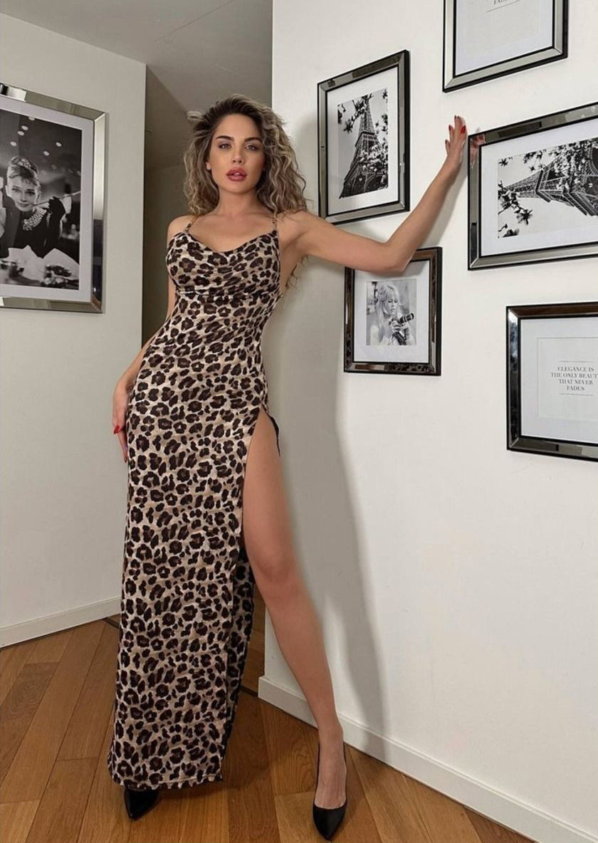 Backless Chain Decoration Floral Print Bodycon Mini Dress تايجر طويل سلاسل من الظهر