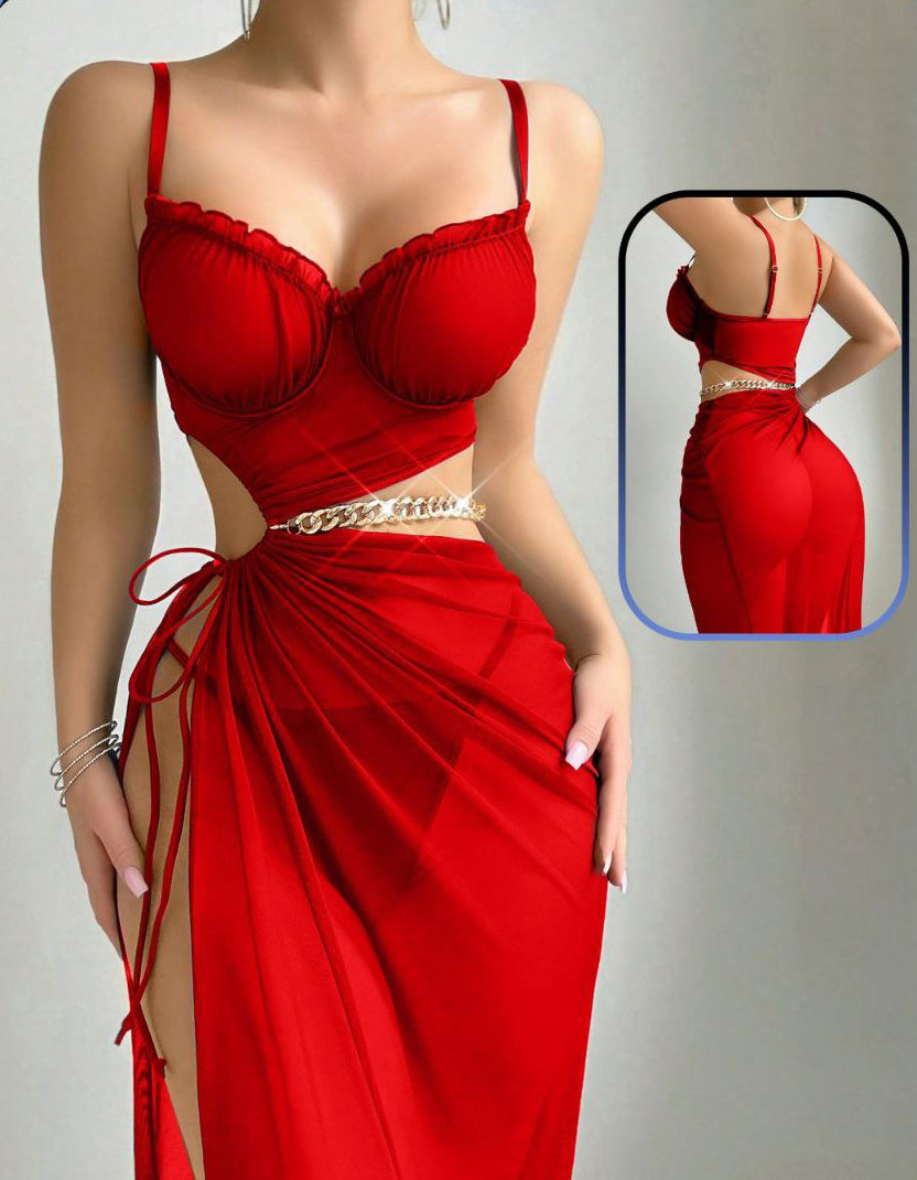 طقم 3 قطع مع سلسله حزام-Piece3 Set Drawstring Waist Slimming Long Dress+Thong+Chain Decor Belt