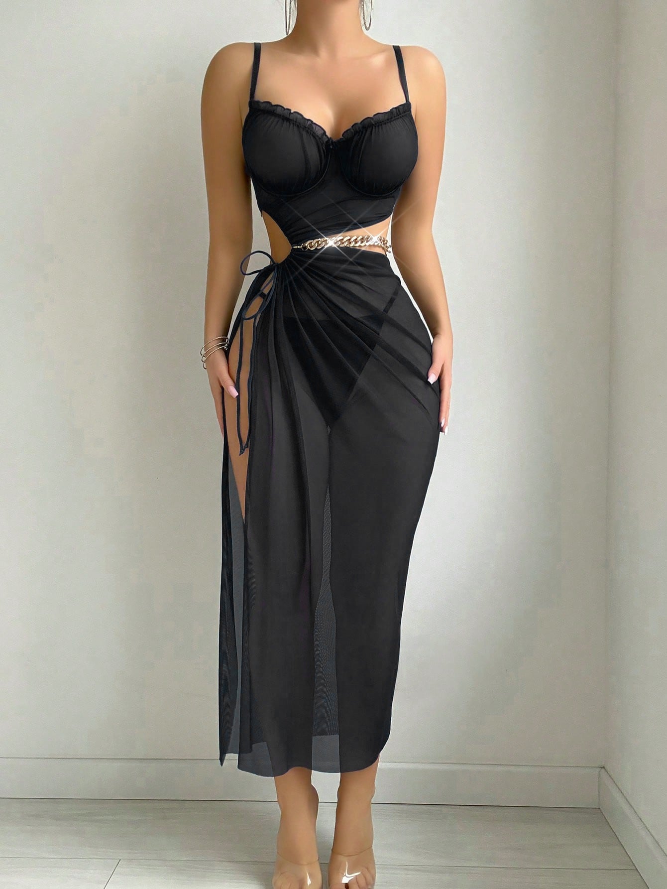 طقم 3 قطع مع سلسله حزام-Piece3 Set Drawstring Waist Slimming Long Dress+Thong+Chain Decor Belt