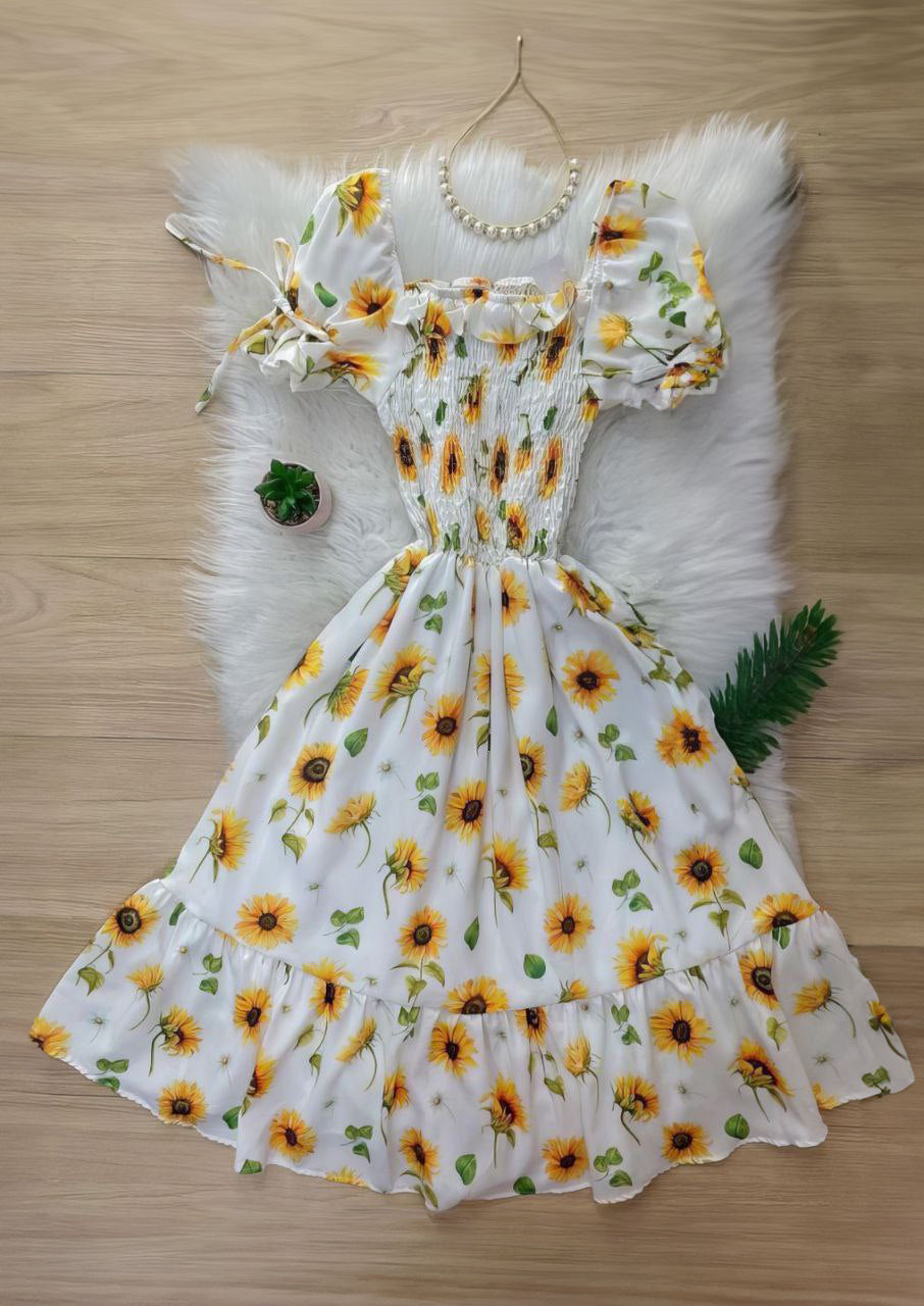 Sunflower Pattern Flare Square Neck Dress