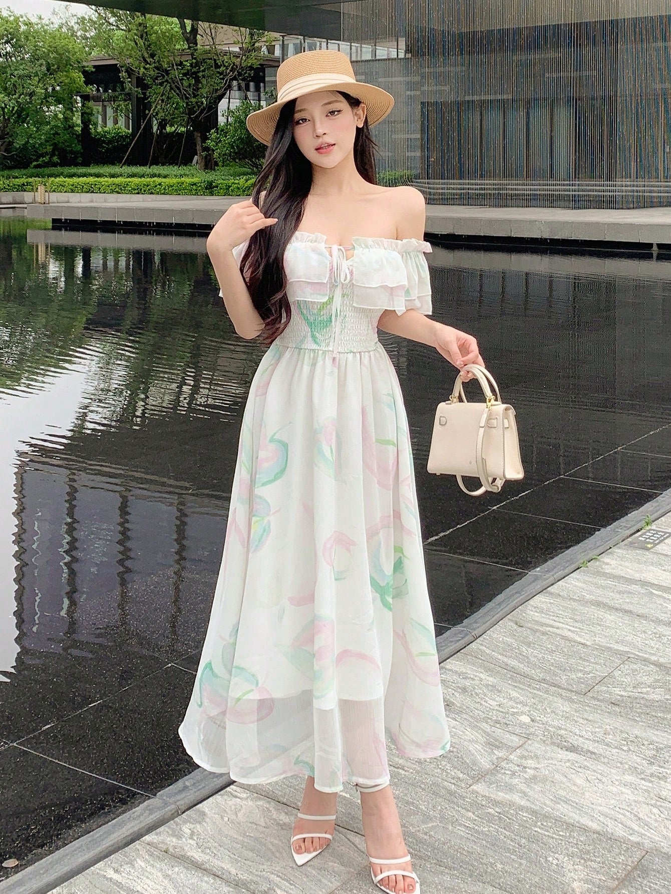 DAZY Women's Off Shoulder Chiffon Dress With Ruffle Trim Sundress