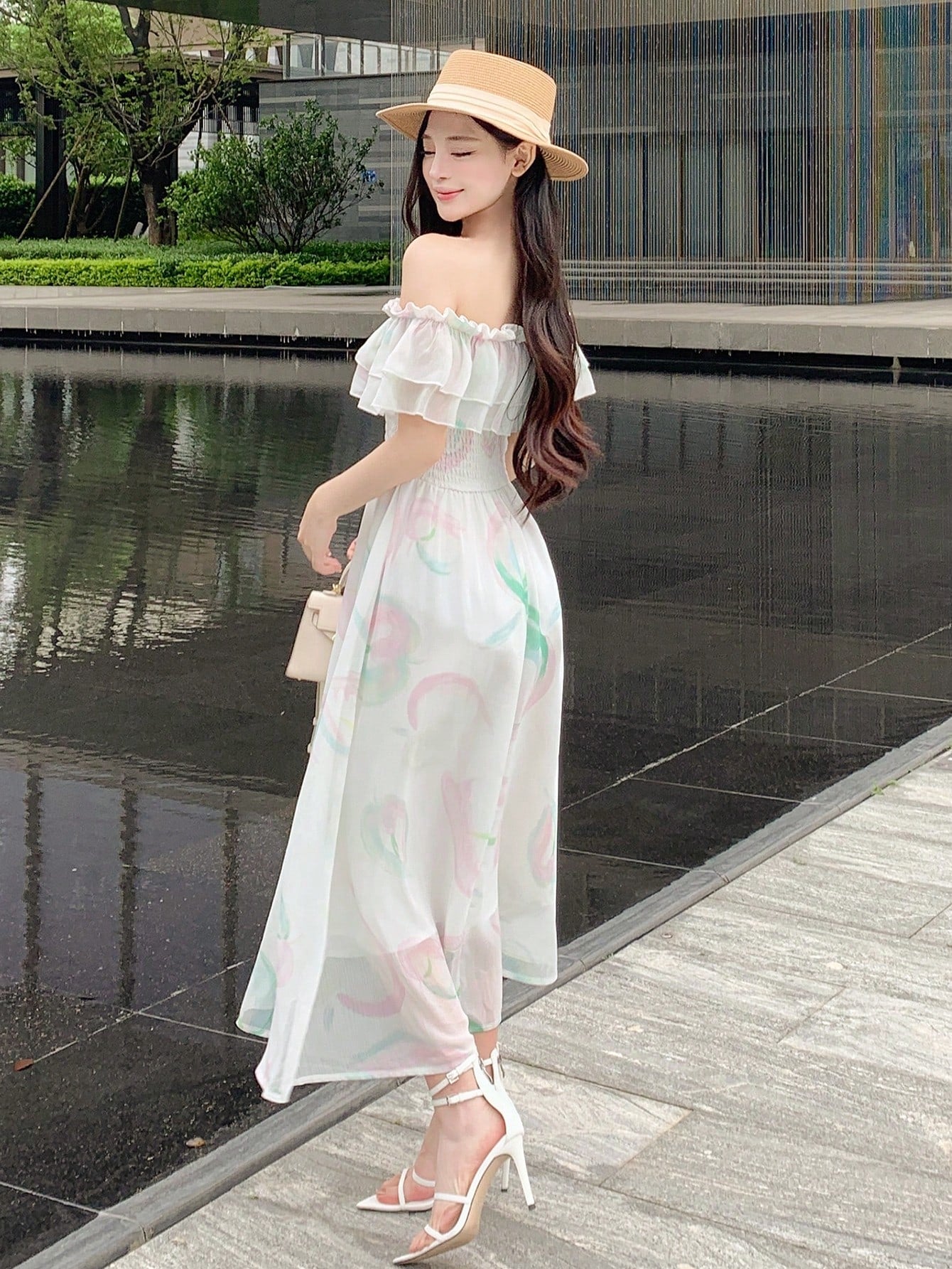 DAZY Women's Off Shoulder Chiffon Dress With Ruffle Trim Sundress