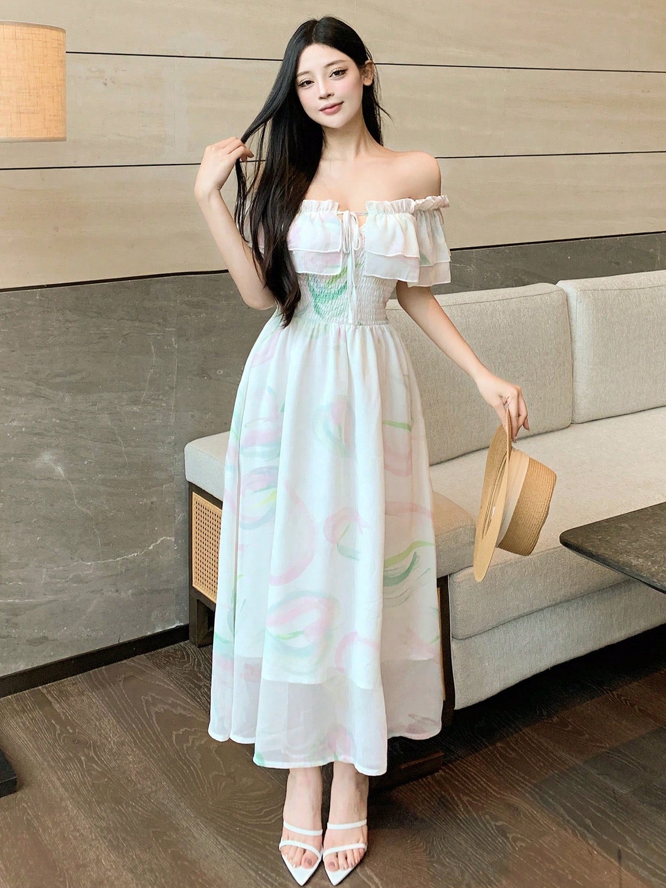 DAZY Women's Off Shoulder Chiffon Dress With Ruffle Trim Sundress
