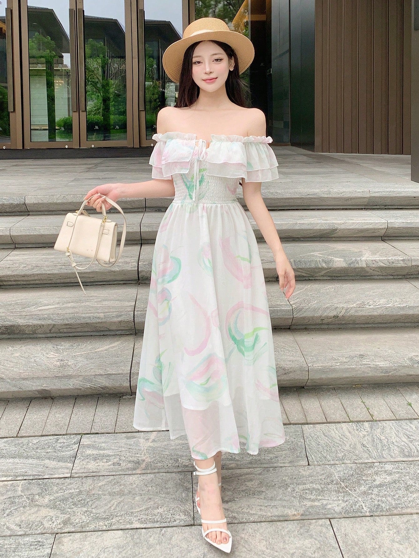 DAZY Women's Off Shoulder Chiffon Dress With Ruffle Trim Sundress
