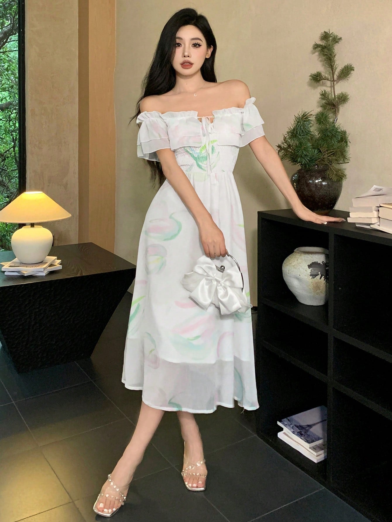 DAZY Women's Off Shoulder Chiffon Dress With Ruffle Trim Sundress