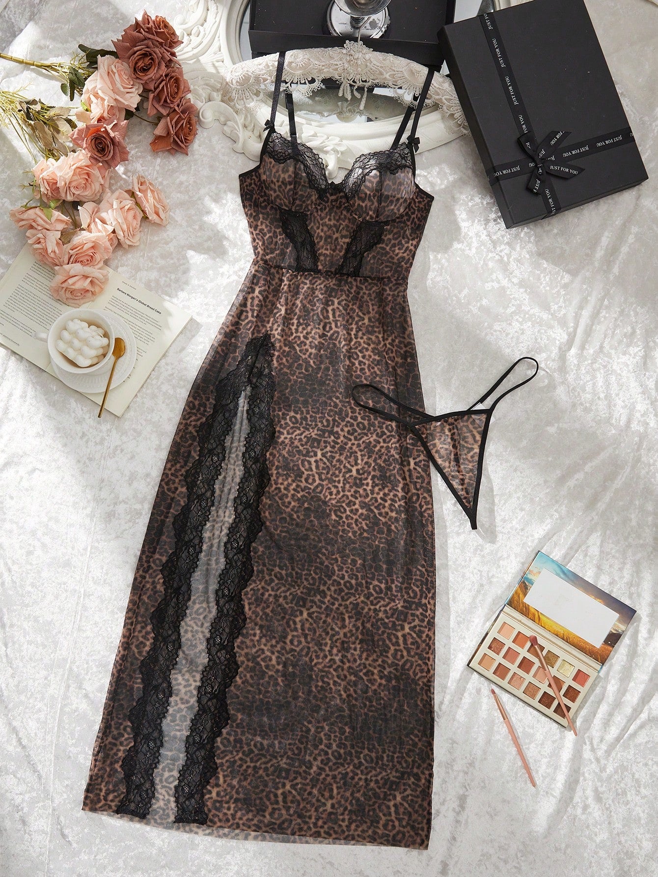 2pcs Women Leopard Print Lace Patchwork High Slit Maxi Dress Set For Going Out