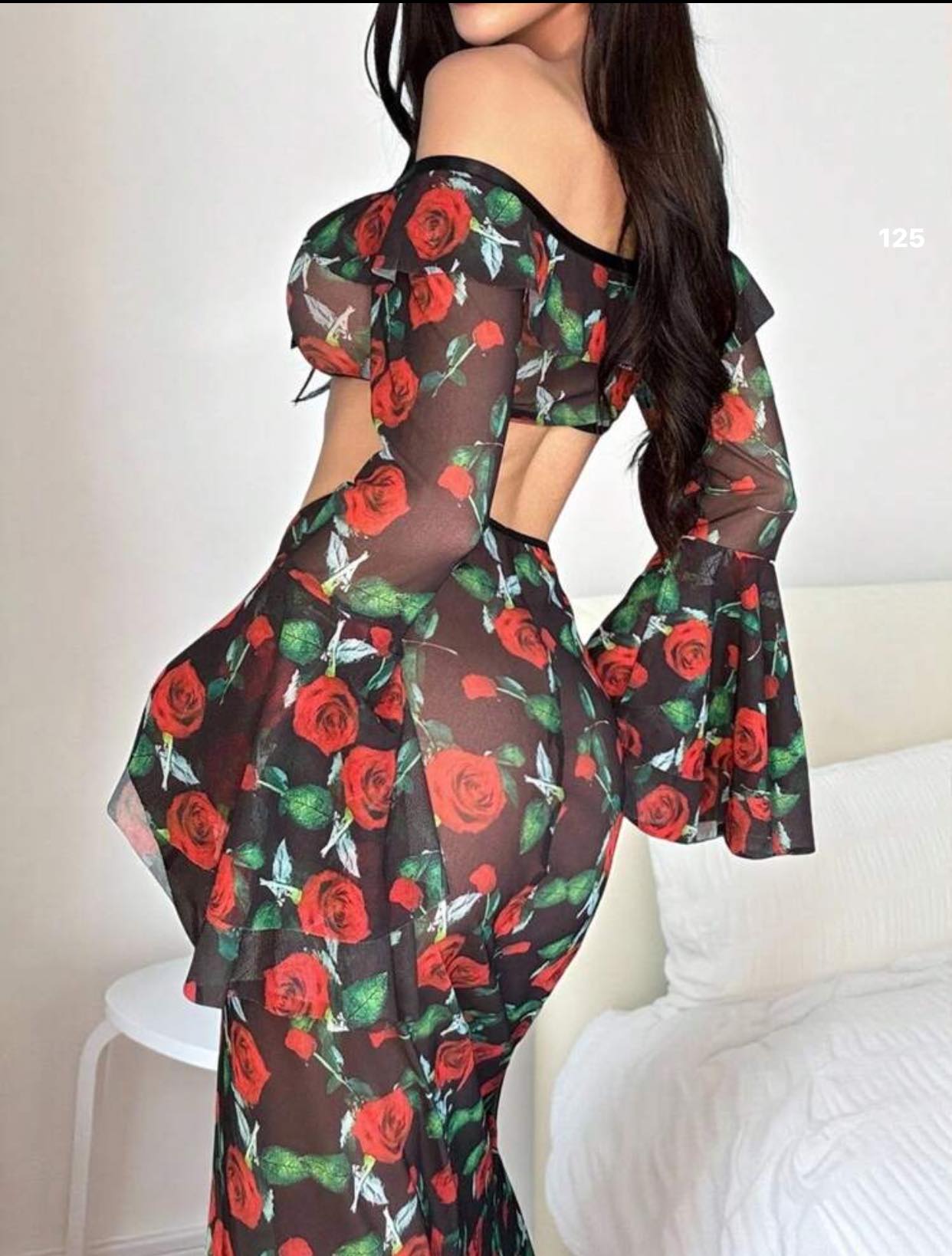 Women Floral off Shoulder Mesh Dress اوف شولدر شفاف قطعتين