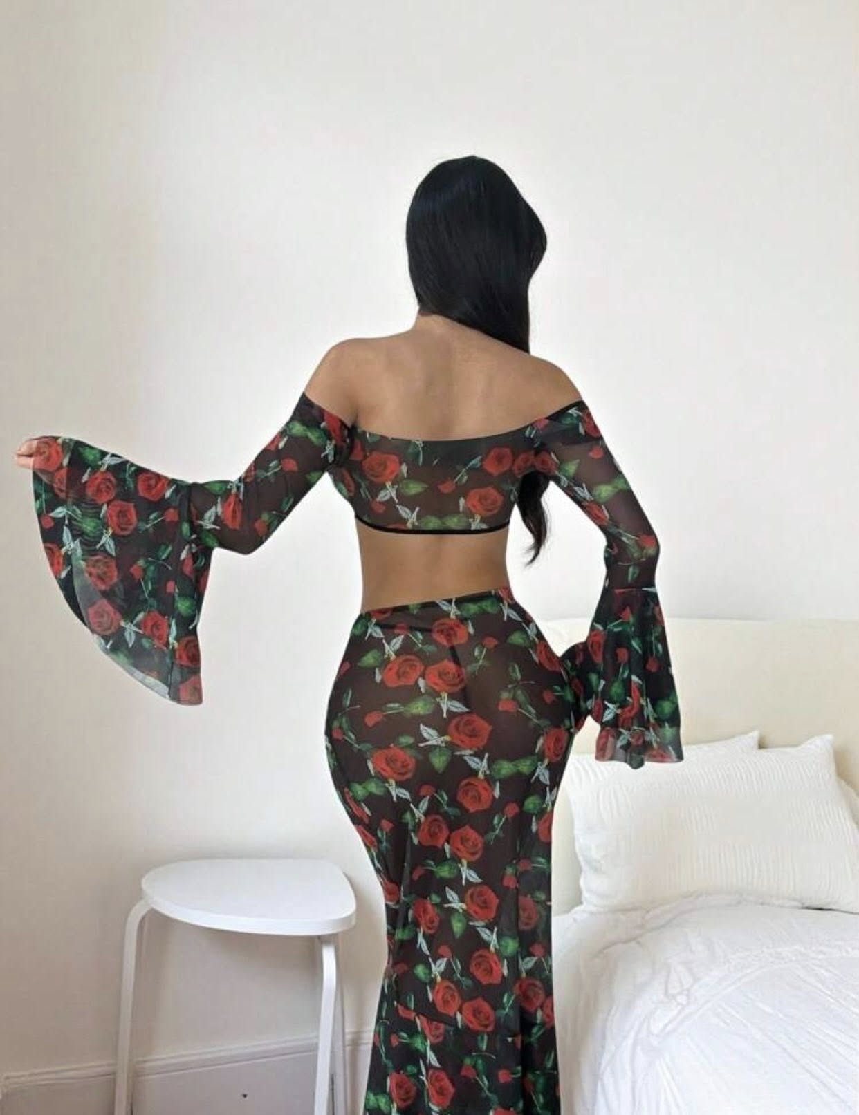 Women Floral off Shoulder Mesh Dress اوف شولدر شفاف قطعتين