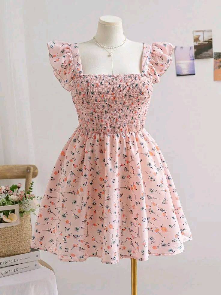 Women Boho Ditsy Floral Shirred Cap Sleeve Dress, ,Holiday Outfits