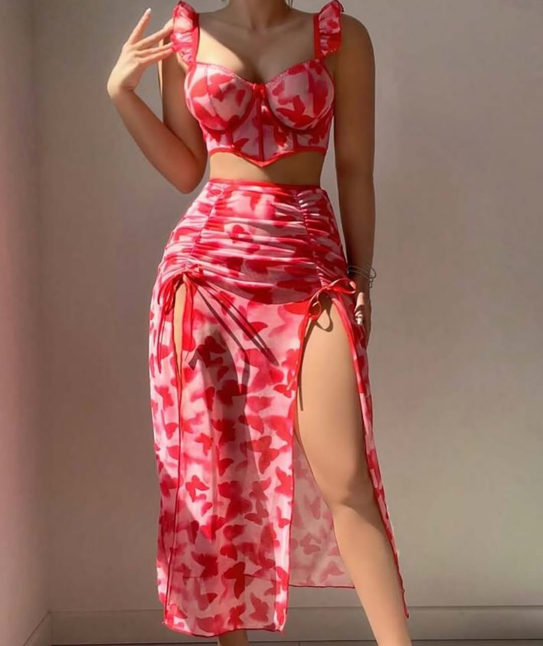 2pcs/Set Women's Sexy Valentine's Lingerie Set: Romantic Floral Print Ruffle
