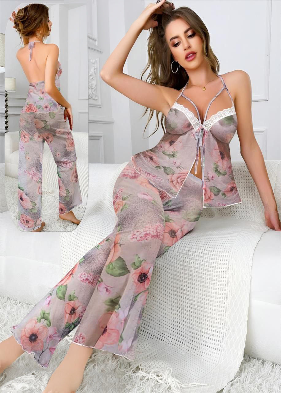Ladies Floral Print Backless Halter Neck Top And Long Pants Pajama Set بيجامه تول