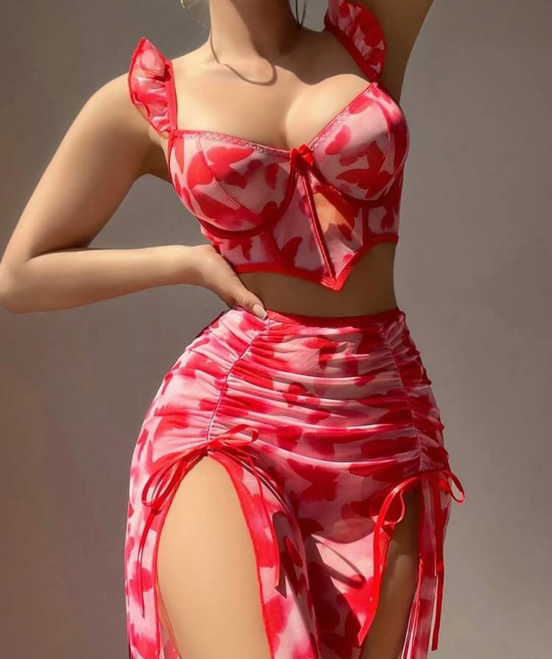 2pcs/Set Women's Sexy Valentine's Lingerie Set: Romantic Floral Print Ruffle