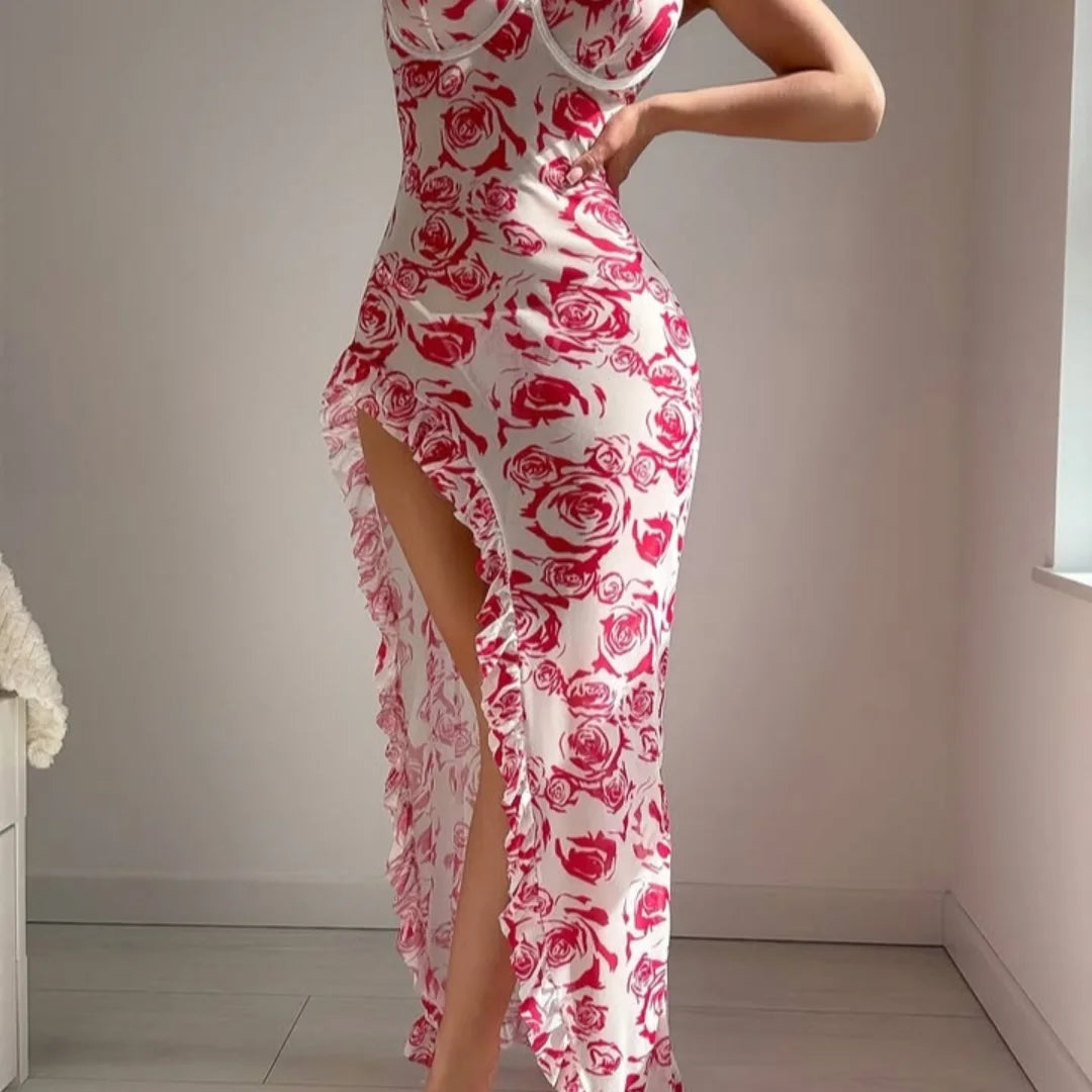 2pcs/Set Romantic Floral Print Ruffle Trim Spaghetti Strap High Slit Dress
