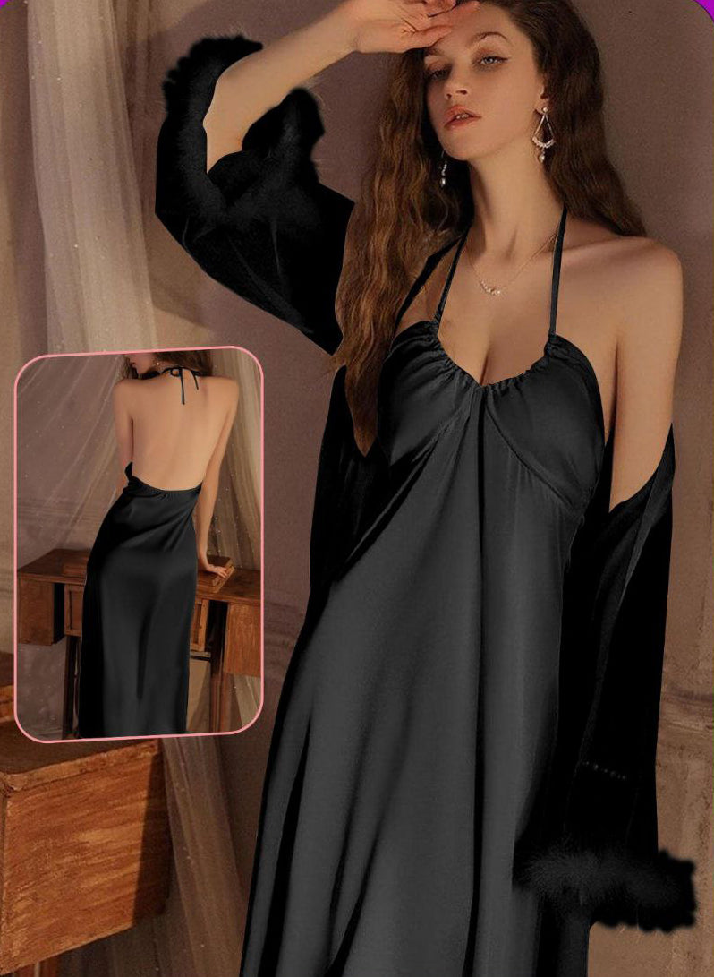 Long Nighty&robe Set Lady Sexy Mesh Sleeve Kimono Robes White Bride Wedding Morning Gown Luxury روب ابيض شيفون مع قميص