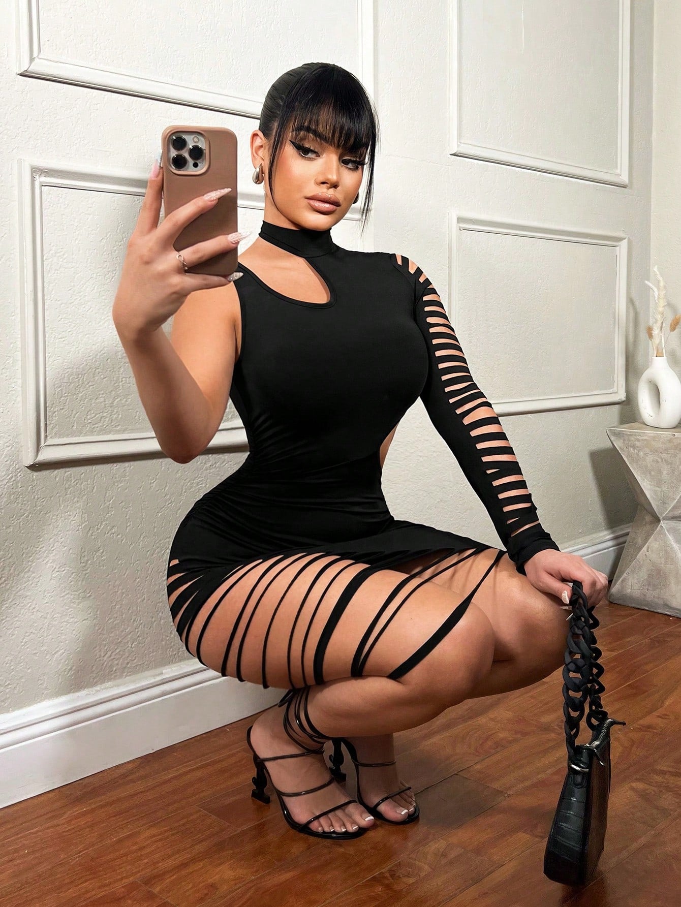 Sexy Street Hollow Out One Shoulder High Slit Black Bodycon Dress