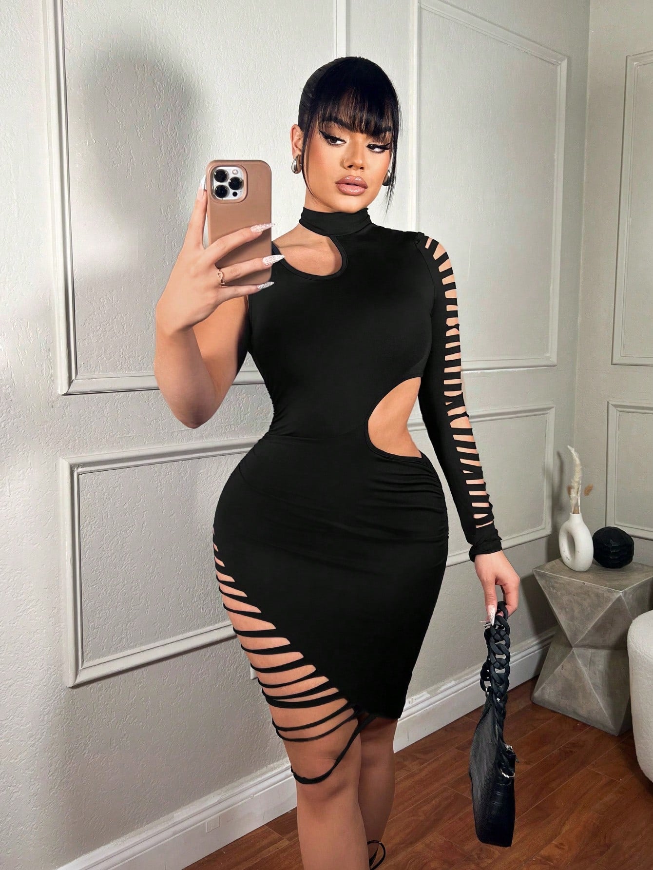 Sexy Street Hollow Out One Shoulder High Slit Black Bodycon Dress