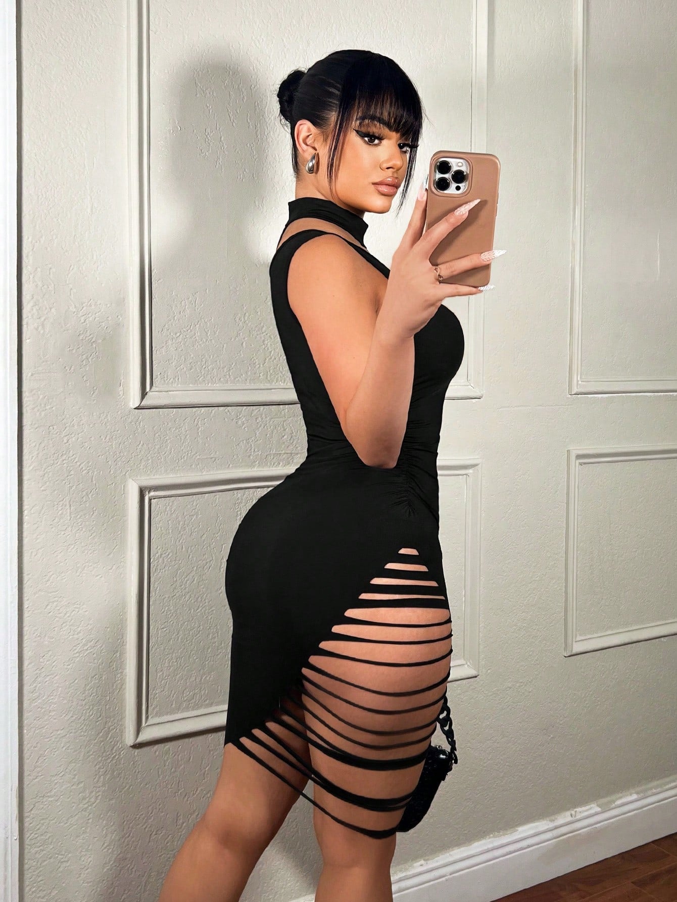 Sexy Street Hollow Out One Shoulder High Slit Black Bodycon Dress