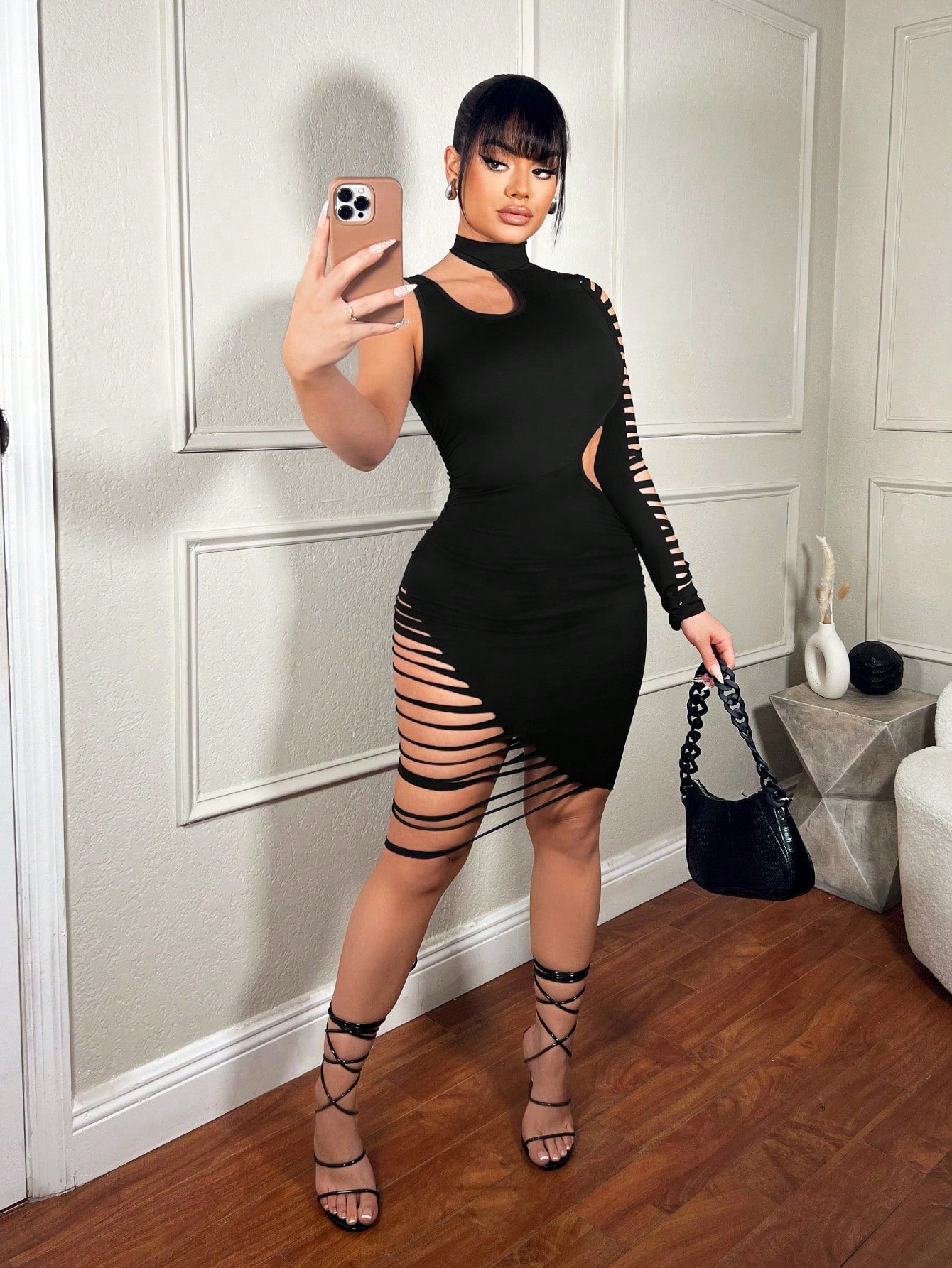 Sexy Street Hollow Out One Shoulder High Slit Black Bodycon Dress