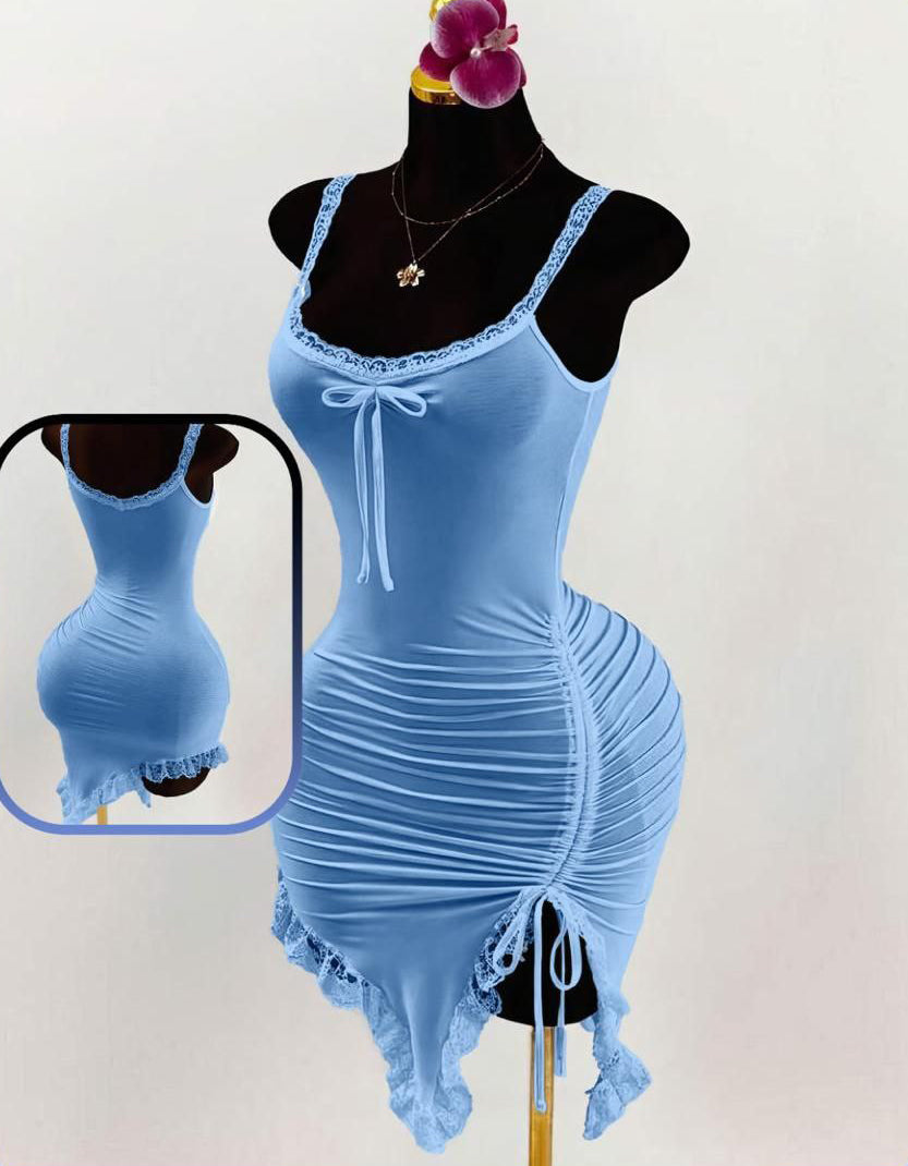 Women Lace Patchwork Bust Ruched Tie Asymmetrical Hem Dress