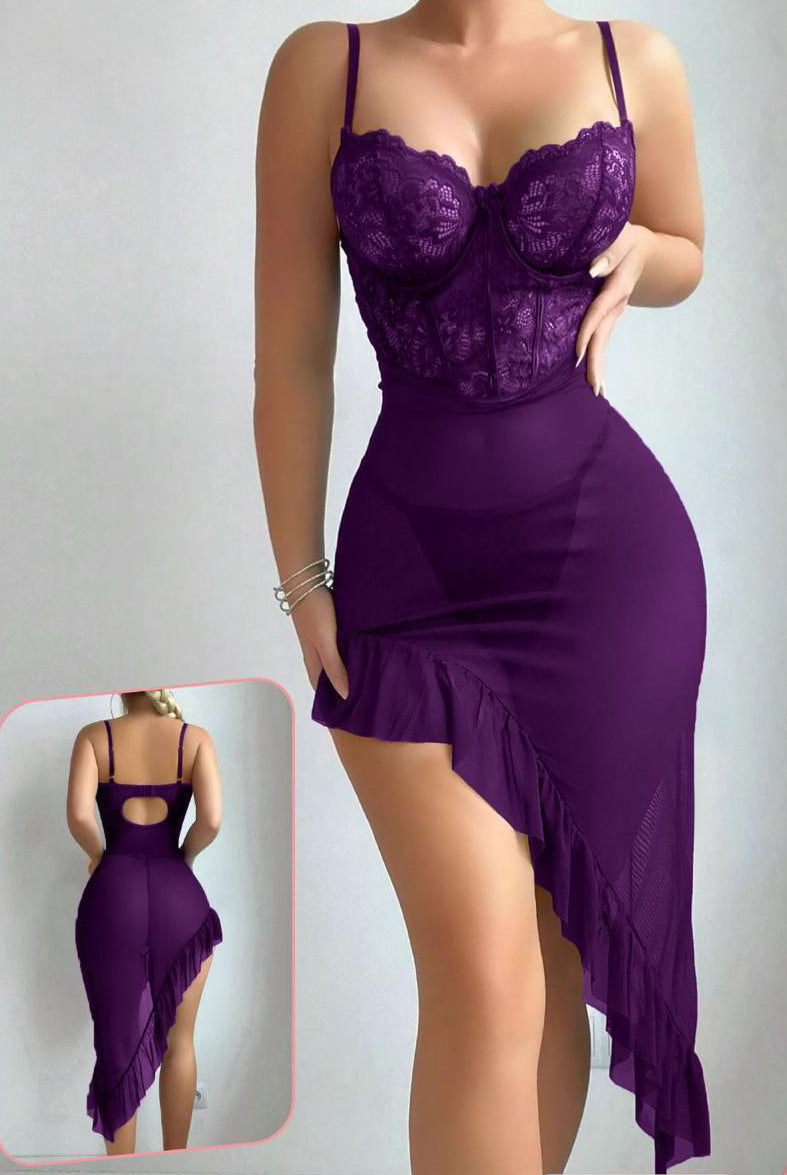 2pcs/Set Ruffle Lace Contrast Mesh Underwire Chemise Nightgown & Thong