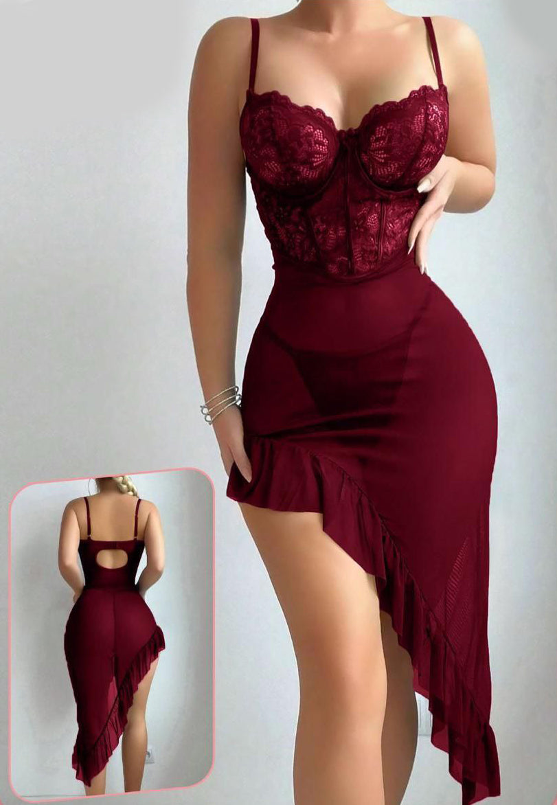 2pcs/Set Ruffle Lace Contrast Mesh Underwire Chemise Nightgown & Thong