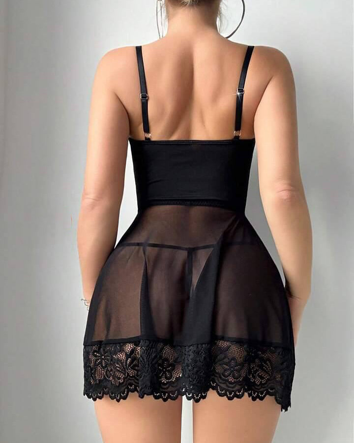 Contrast Lace Bow Front Mesh Underwire Sexy Lingerie Dress With Thong