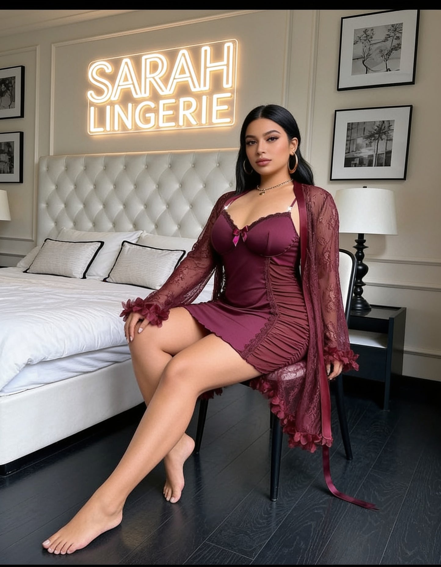 Lace Robe With Lace Camisole Slip Dress With Waist Cinching Design (curvy)