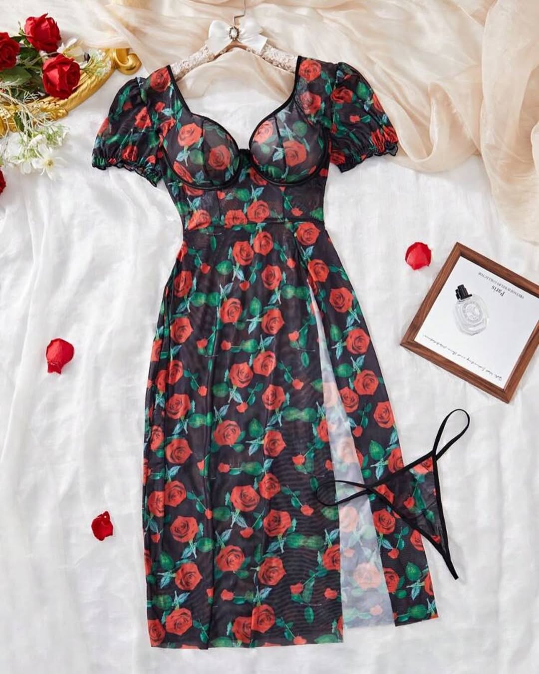 Strap Floral Print Casual Ruffle Trim Babydoll مشجر شفاف