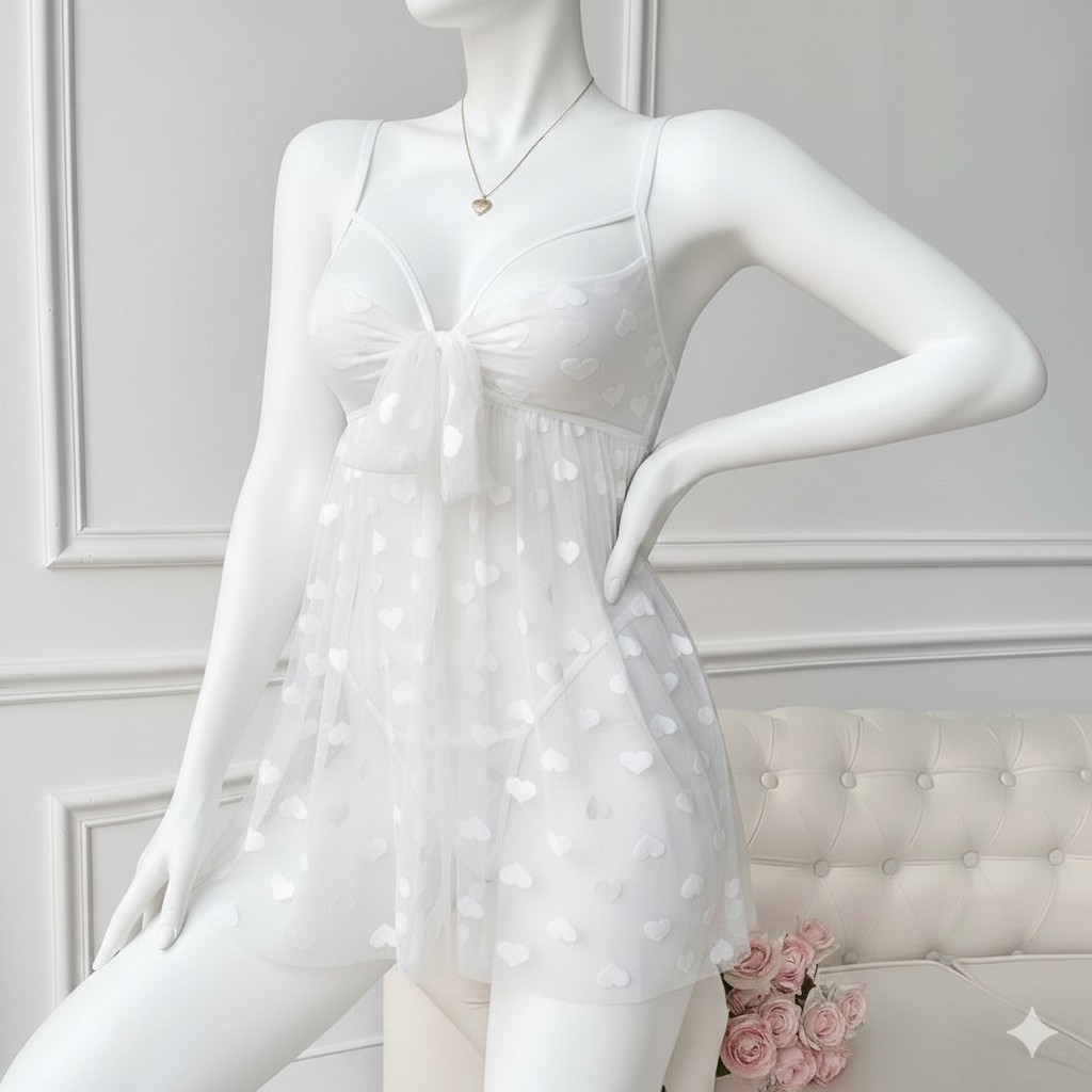 Sexy Open Bust Heart Mesh Irregular Hem Backless Valentine's Day Halter Set