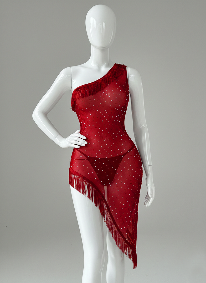 One-Shoulder Embroidery Mesh Seductive Nightgown Irregular See-Through Breathable Medium Control Sexy