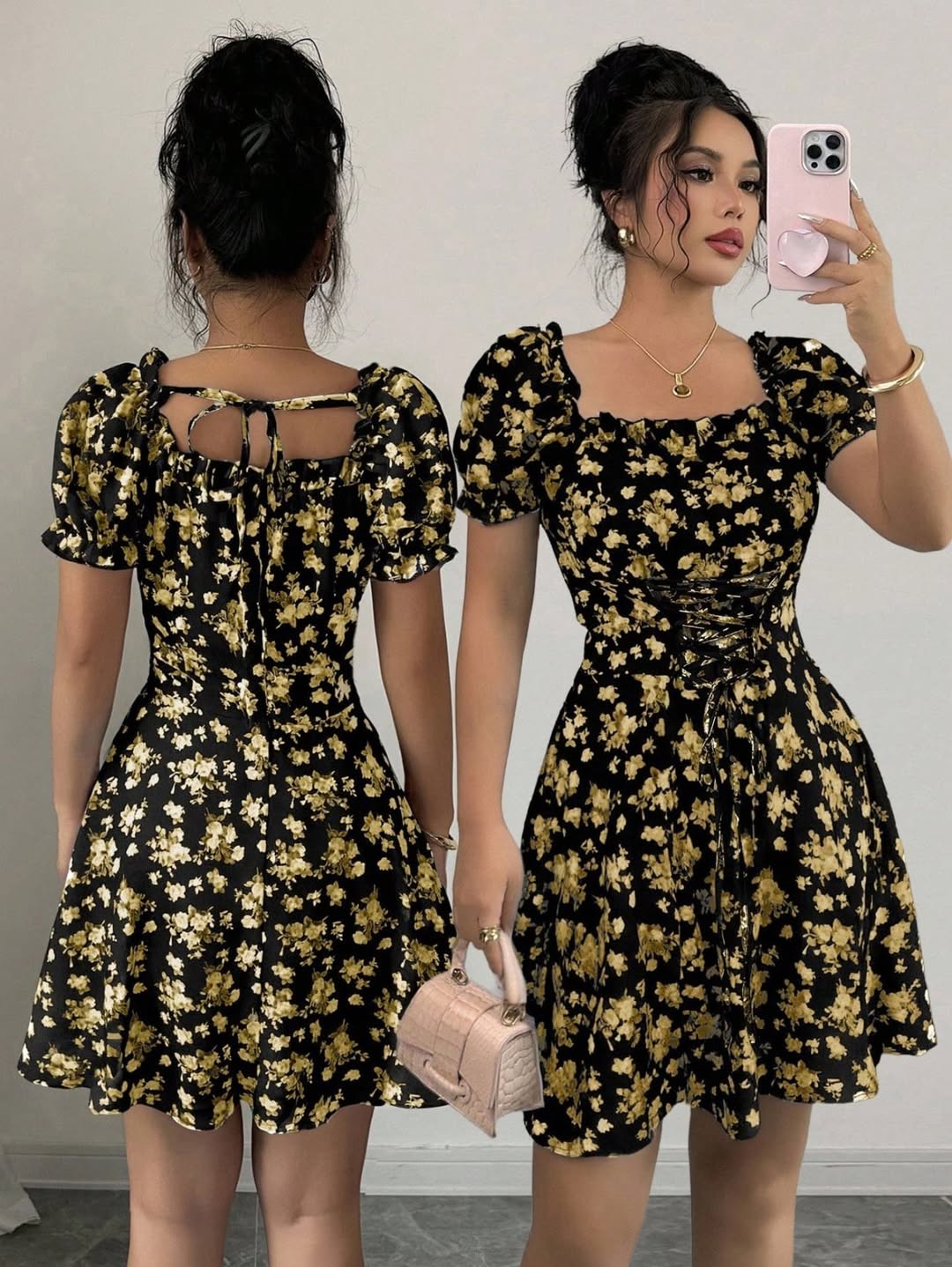 Rafferiza Women's Ditsy Floral Square Collar Puff Sleeve Waist Drawstring Ruffle Hem Midi Dress