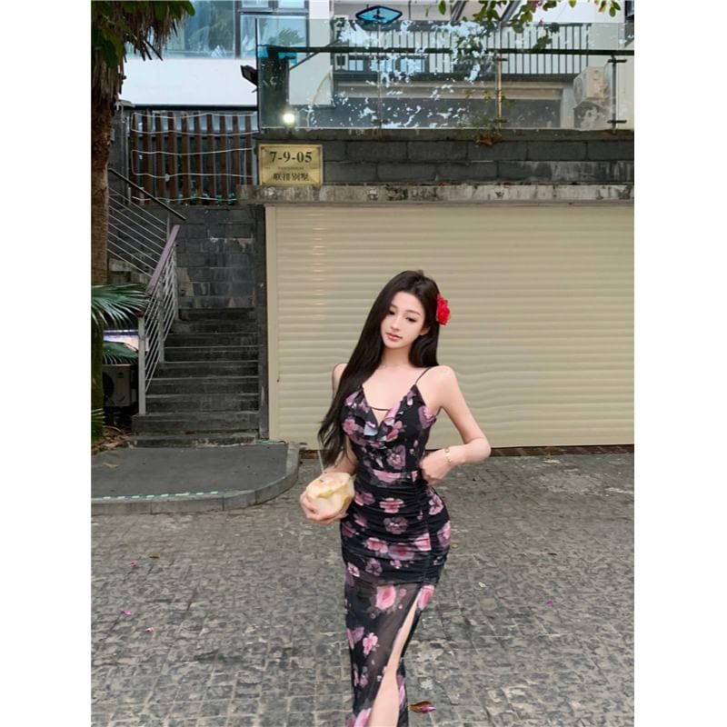 V-Neck Floral Print Slit Mesh Maxi Sheath Dress تول مشجر اربطة من الظهر