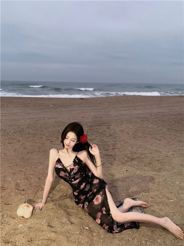 V-Neck Floral Print Slit Mesh Maxi Sheath Dress تول مشجر اربطة من الظهر