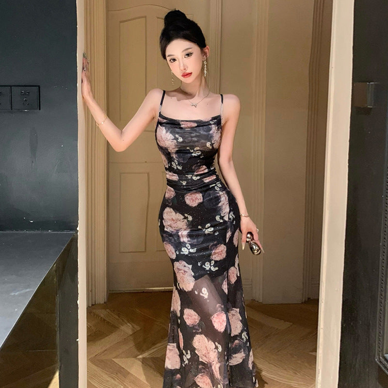 sexy suspenders slit slim fit temperament long dress