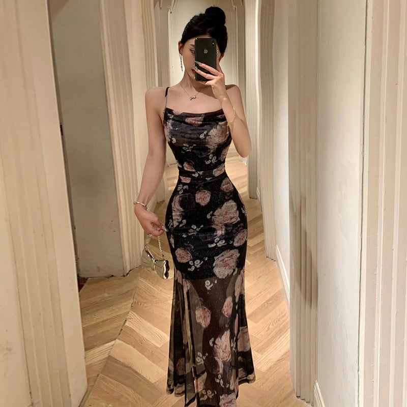sexy suspenders slit slim fit temperament long dress