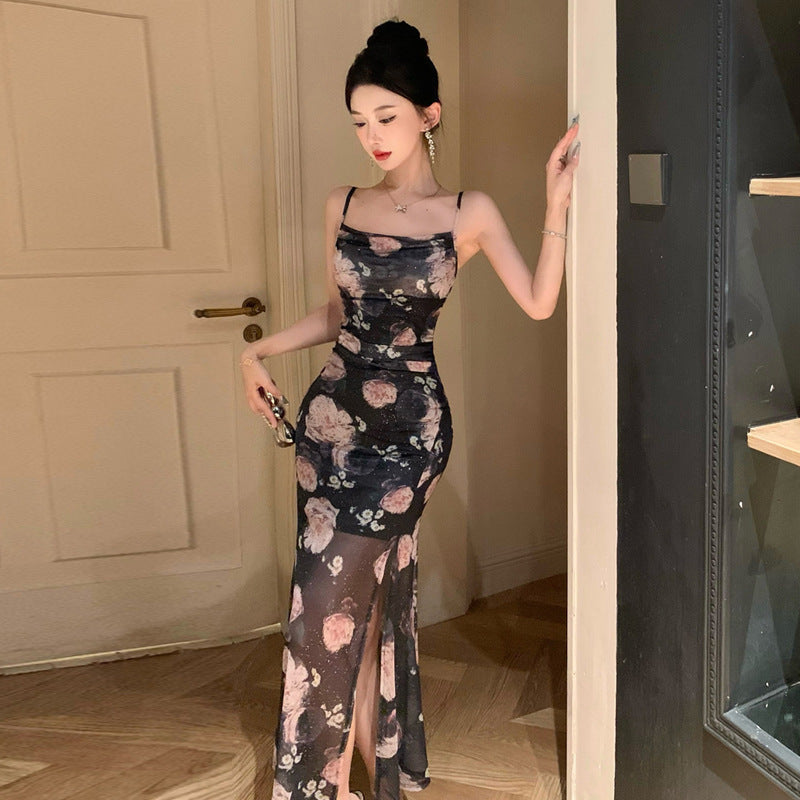 sexy suspenders slit slim fit temperament long dress