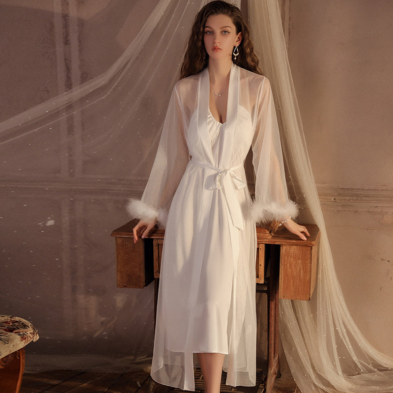 Long Nighty&robe Set Lady Sexy Mesh Sleeve Kimono Robes White Bride Wedding Morning Gown Luxury روب ابيض شيفون مع قميص