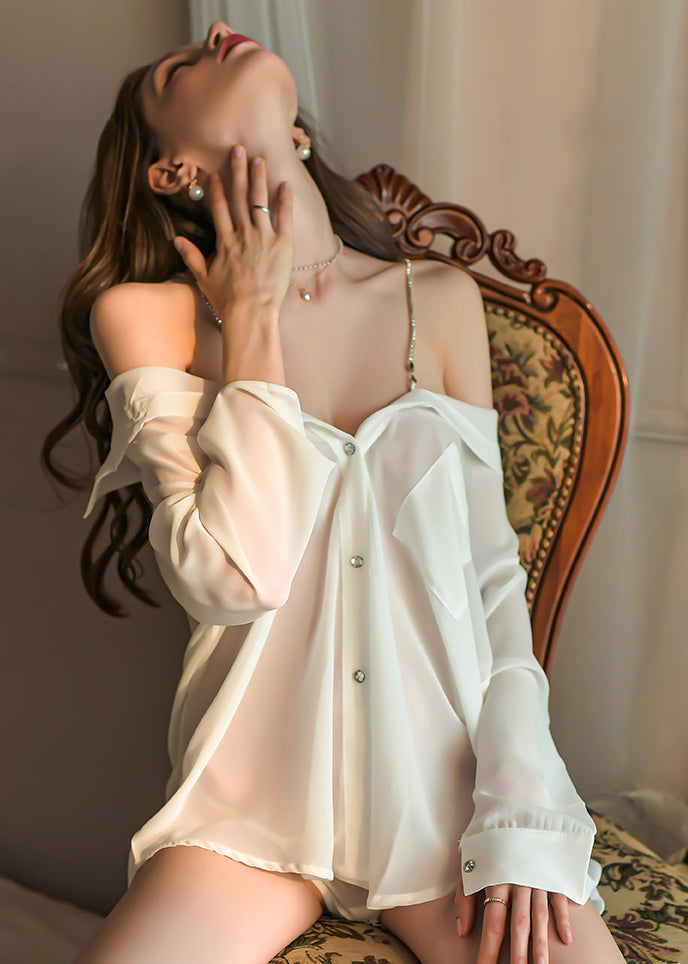Sexy Off-shoulder Shirt-style Lingerie - قميص ساتان شفاف اوف شولدر مع حمالات سلسله