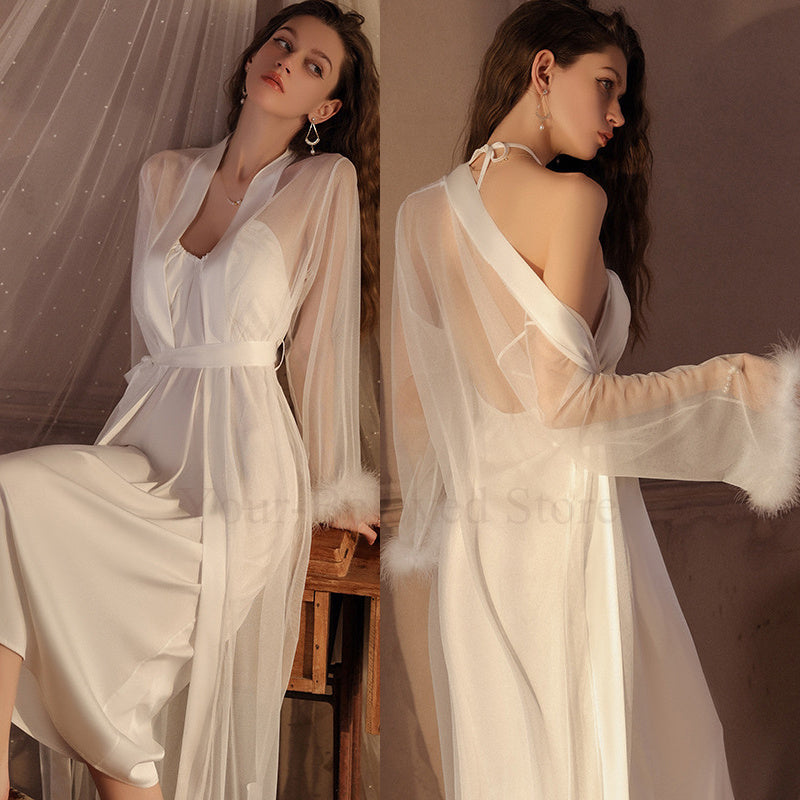Long Nighty&robe Set Lady Sexy Mesh Sleeve Kimono Robes White Bride Wedding Morning Gown Luxury روب ابيض شيفون مع قميص