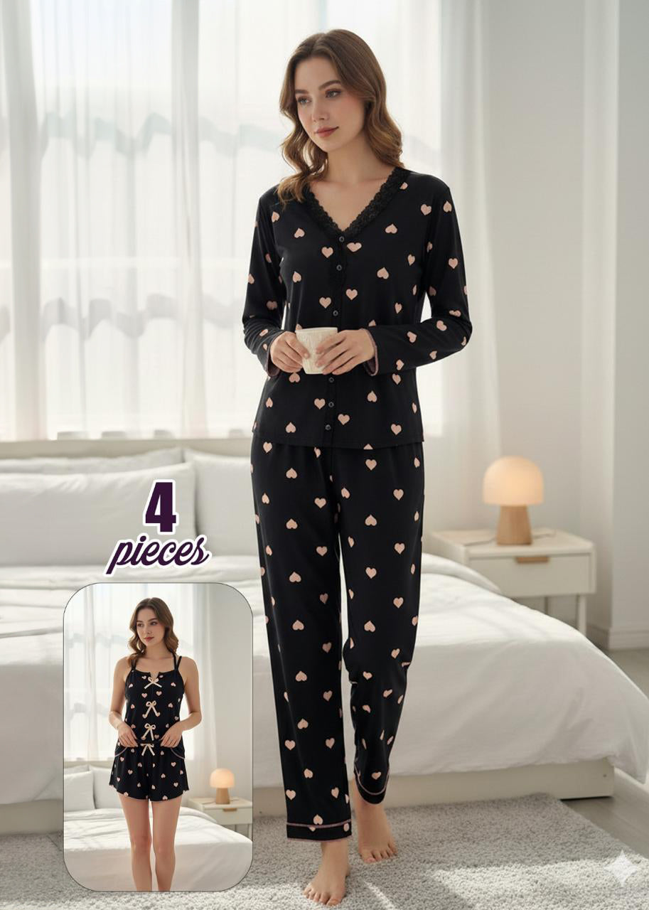 بيجامه 4 قطع قطن اسود نقشة قلب